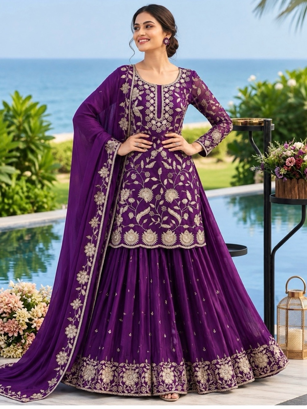 Embroidered Purple Sharara Bollywood Salwar Suit with Dupatta Size-Medium (38")